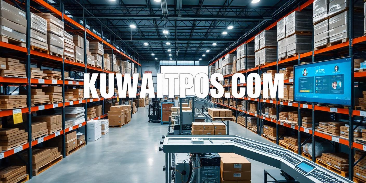 A high-tech dark store warehouse in Kuwait with automation, barcode scanners, and inventory management systems. KUWAITPOS.COM displayed on signage.