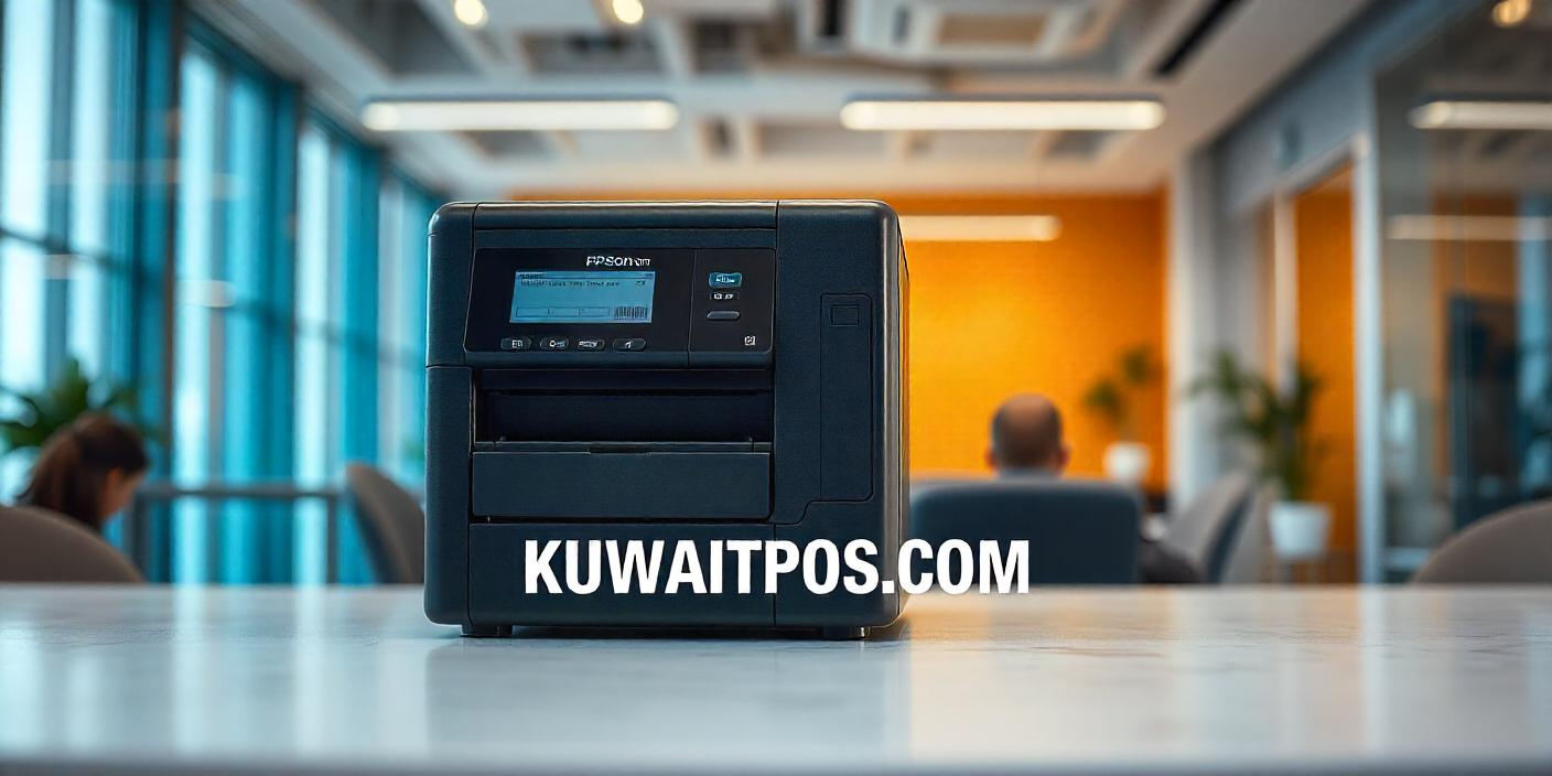Epson barcode printer in a modern Kuwait business setting with "KUWAITPOS.COM" displayed.