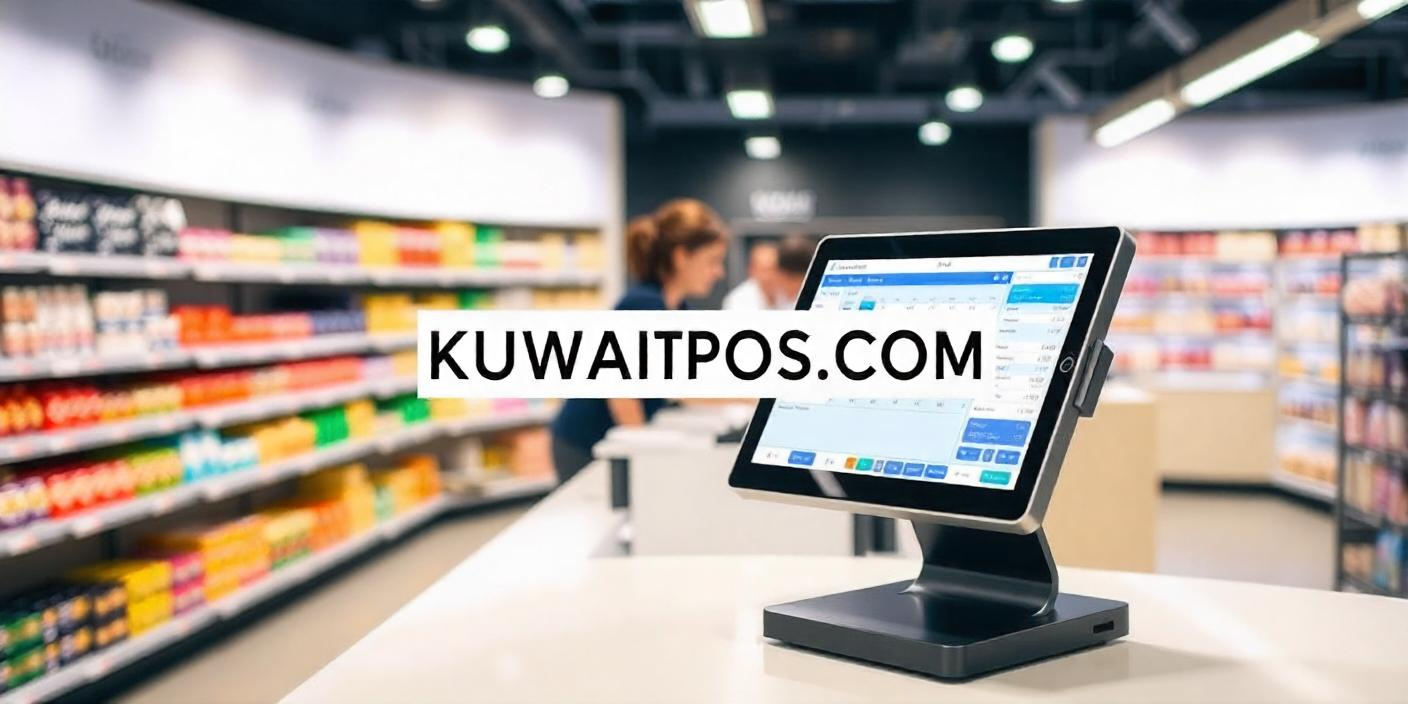 A high-tech POS system in a retail store displaying a point-of-sale report, with KUWAITPOS.COM visible on the screen.